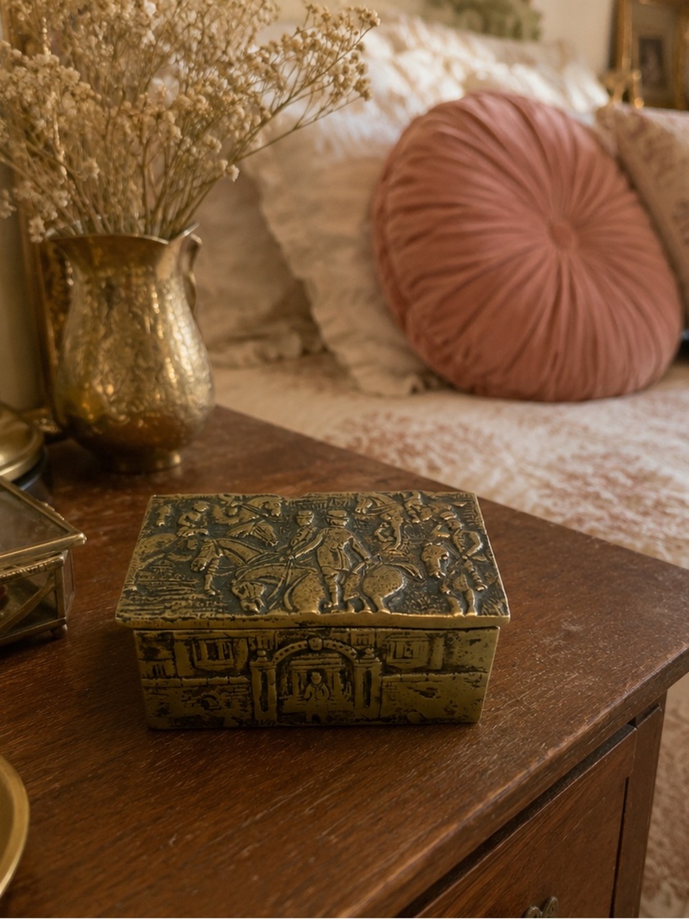 Vintage Brass Medieval Trinket Box | Engraved Box | Castle & Horsemen Keepsake